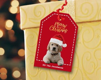 Christmas Dog Personalized Gift Tags Custom Dog Photo w/ Santa Hat and Message Wine Gift Tags, Holiday Christmas Tags, Tags for Xmas Gifts