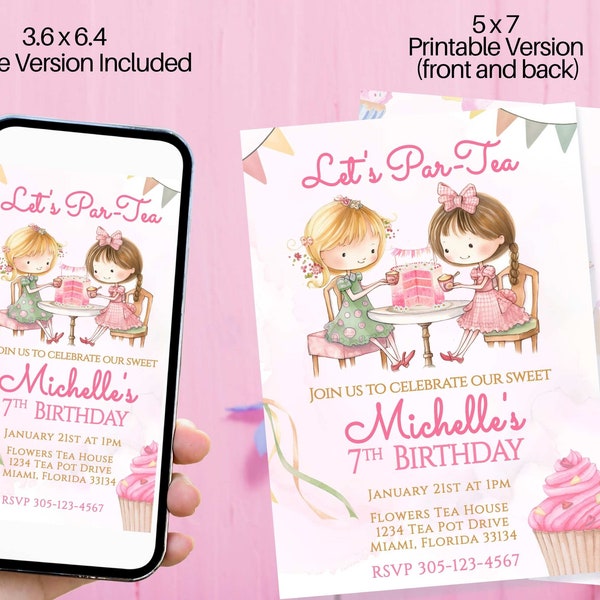 Editable Tea Party Birthday Invitation, Pink and Gold Par-tea Invite Template, Whimsical Tea Party, High Tea Floral, Instant Download