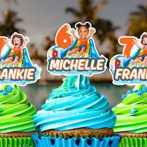 Printable Water Slide Cupcake Topper, Pool Party Decor Great for Kids Birthday Customized Name Face, matching skin tone Tropical Beach party