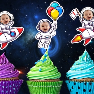Cute Baby Space Cupcake Toppers with Rocket and astronaut First Trip Around the Sun theme. Baby&#39;s first Birthday Party Decor & Planets