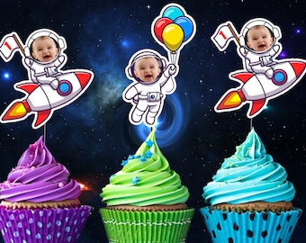 Cute Baby Space Cupcake Toppers with Rocket and astronaut First Trip Around the Sun theme. Baby&#39;s first Birthday Party Decor & Planets