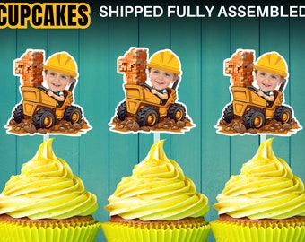 Construction Birthday Cupcake toppers personalized with face wearing hard hat, Perfect for first year or child's construction party decor