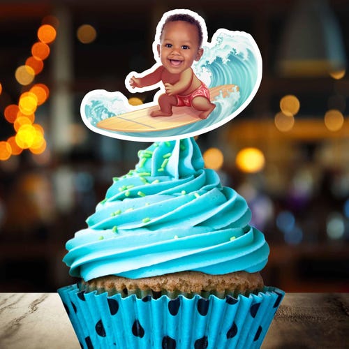 Set Decorazione Torta Surf Compleanno - Cake Topper Con Onda E Tavola Da Surf + 12 Topper Per Cupcake - 3