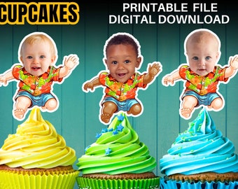 Toppers per cupcake stampabili con bambino che salta TROPICAL. Fronte personalizzato per primo compleanno con decorazione a tema maglietta hawaiana The Big 1 party