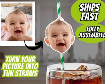 Baby's Picture Birthday Straws Drinks custom face and straw colors. Send your photo. We will crop and assemble onto straws front and back