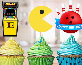 Arcade Bowling Birthday Cupcake Toppers, Custom Message