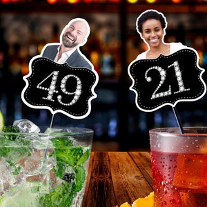 Personalized Birthday drink stirrers with Diamond Age and face, stir sticks Custom Party Decoration 40th, 50th swizzle sticks / Funny Decor
