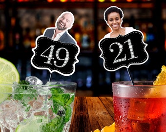 Personalized Birthday Drink Stirrers, Diamond Number & Face, Custom Party Decor
