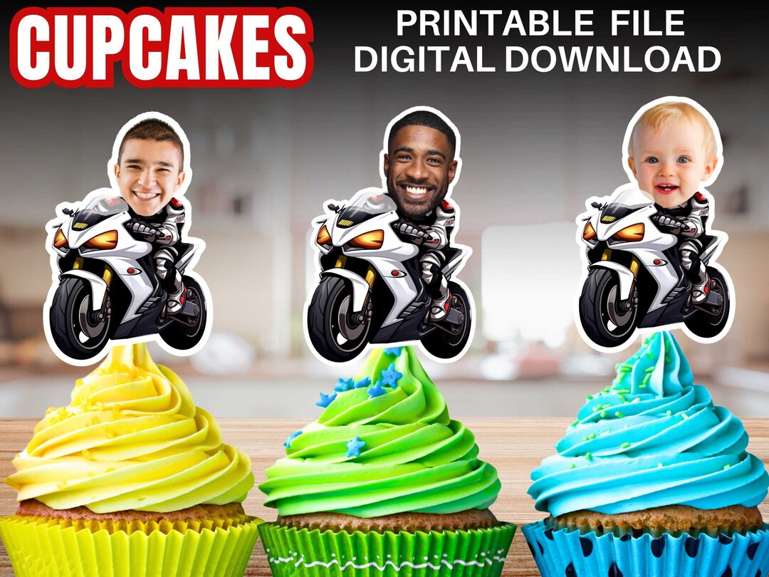 Printable Funny Motorcycle Cupcake Toppers Over the Hill Custom Face ...