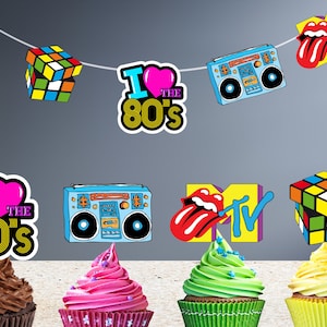 80&#39;s Party Decor Vintage DIGITAL File Retro Music TV decor Eighty’s Birthday Bunting & Cupcake boombox 80&#39;s decoration