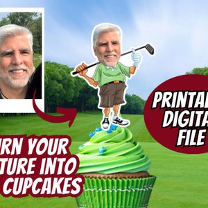 Funny Golf Over the Hill Cupcake Toppers Printable personalized face and Age Custom Party Decorations 40th, 50th Over the Hill Funny Decor