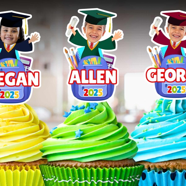 Kids Graduation Cupcake Toppers Custom Face & Name Kindergarten Graduate Party Cupcake Topper To You Kinder Child's Graduation Cupcake Decor