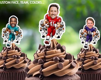 Personalized Football Cupcake Toppers, Custom Face Sports Party Picks, Team Color Birthday Decor