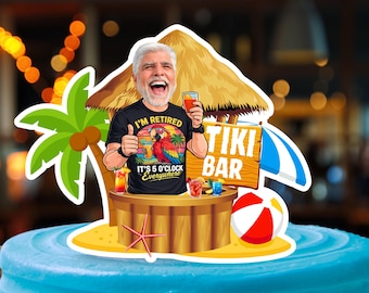 Custom Tiki Bar Retirement Cake Topper, Personalized Photo Beach Party Decor