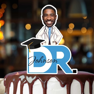 Doctor Graduation Party Cake Toppers fun custom face Decor  Medical School Grad Dr. Cartoon w face Med School Grad Fun cake decoration