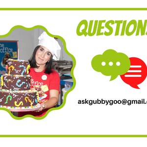 May include: A three-tiered chocolate cake decorated with colorful sprinkles and swirls. The cake is being held by a woman wearing a white chef's hat and a red shirt. The text "QUESTIONS" is in large green letters at the top of the image. The email address "askgubbygoo@gmail.com" is at the bottom of the image.