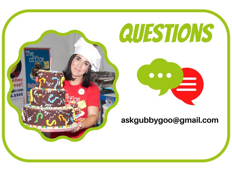 May include: A three-tiered chocolate cake decorated with colorful sprinkles and swirls. The cake is being held by a woman wearing a white chef's hat and a red shirt. The text "QUESTIONS" is in large green letters at the top of the image. The email address "askgubbygoo@gmail.com" is at the bottom of the image.