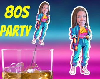 Funny 80s Themed Drink Stirrers custom face, Birthday Bachelor Bachelorette 40th, 50th Decor Mother’s Day Decorations Hero Swizzle Sticks