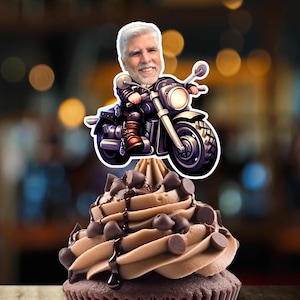 Funny Motorcycle Cupcake Toppers Party with Biker custom face Birthday Bachelor Bachelorette 40th, 50th Decor Fathers Day motor cycle Decor