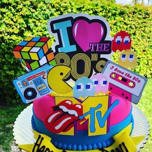 80&#39;s Party Cake Toppers Vintage DIGITAL File Retro Music TV decor Eighty’s Birthday Bunting & Cupcake boombox 80&#39;s decoration