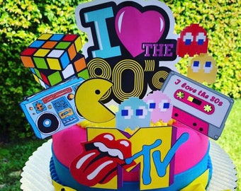 80&#39;s Party Cake Toppers Vintage DIGITAL File Retro Music TV decor Eighty’s Birthday Bunting & Cupcake boombox 80&#39;s decoration