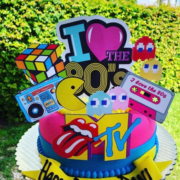 80's Party Cake Toppers Vintage DIGITAL File Retro Music TV decor Eighty’s Birthday Bunting & Cupcake boombox 80's decoration