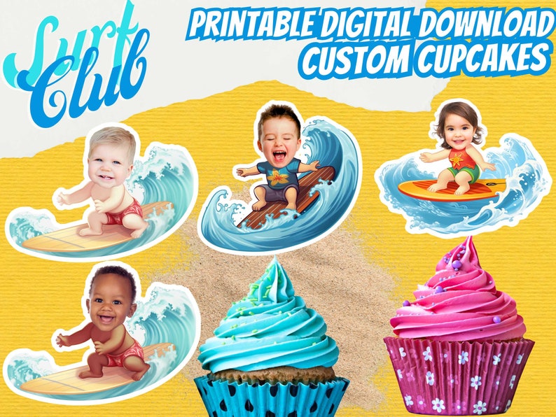Topper Wave Riding Surfer Baby Cupcake Toppers | Custom Face, First Birthday (digital ...