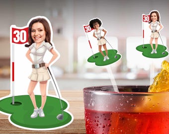 Custom Face Golf Drink Stirrers, Female Golfer Birthday Party Decor Swizzle Sticks