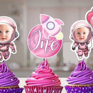 Pink Baby Space Cupcake Toppers with Rocket Pink astronaut First Trip Around the Sun theme. Girl's first Birthday Party Decor & Planets