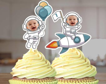 Teal Cute Baby Space Cupcake Toppers Pastel Rocket astronaut First Trip Around the Sun theme. Baby's first Birthday Party Decor & Planets