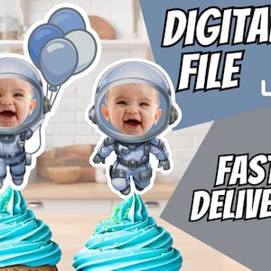 Printable Blue Space Cupcake Toppers  Blue and Gray astronaut First Trip Around the Sun theme Baby's first Birthday Party Decor & Planets