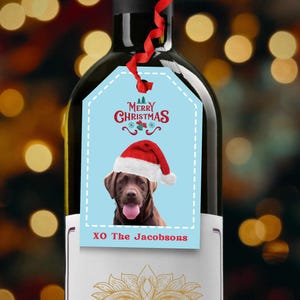 Christmas Dog Personalized Gift Tags Custom Dog Photo w/ Santa Hat and Message Wine Gift Tags, Holiday Christmas Tags, Tags for Xmas Gifts