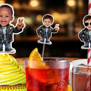 Two Cool Birthday Cupcake Toppers, Straws, Custom Face Party Decor