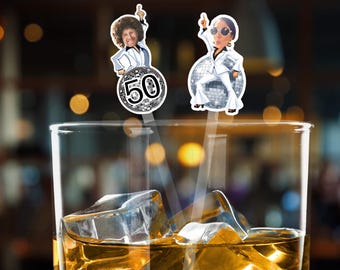 Funny Disco Birthday Drink Stirrers, Personalized Face, 70's Party Decor