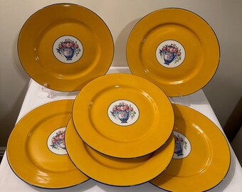 VINTAGE // Limoges France Made For Ovington Brothers New York / Platos de postre florales amarillos + azules / Juego de 6