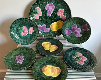 VINTAGE || Cake Plate and Six Dessert Plates in Barbotine from Salins Les Bains, 1950s, Made in France