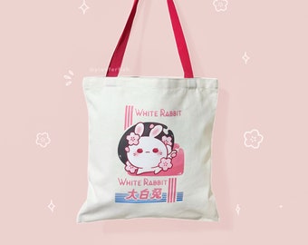 White Rabbit Candy Tote Bag | Cotton Polyester Blend Tote Bag | Cute Shopping Bag | Shoulder Bag