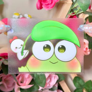 Friendly Green Frog with Teru Teru Large Peeker Stickers | Cute Glossy Waterproof + Weatherproof Decals | Car Sticker | Decorative Decal