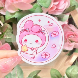 Klein konijnmeisje op de maanstickers | KOOP 3 KRIJG 1 GRATIS | Leuke glanzende waterdichte en weerbestendige vinyl laptopstickers