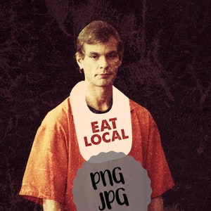 May include: A man wearing an orange jumpsuit with a white bib that says "Eat Local". A gray circle with the words "PNG JPG" is in front of the bib.