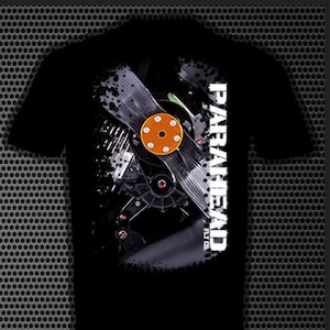 May include: Black t-shirt with a white graphic on the left side that says "PARAHEAD" and a black and white graphic of a mechanical part on the right side with the text "PARAHEAD" in white. The text "NOW AVAILABLE SKYSCRAPER" is at the bottom of the image.