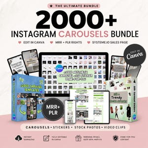 May include: A digital product bundle with the text "2000+ Instagram Carousels Bundle." The image features a computer monitor, tablets, and smartphones displaying carousel templates, stickers, stock photos, and video clips. Includes "Edit in Canva" and "MRR + PLR Rights."