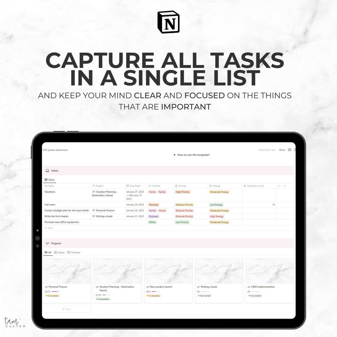 GTD Notion Template, GTD Notion Dashboard, GTD Planner Productivity ...