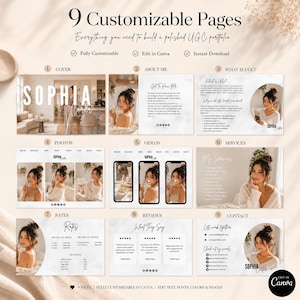 May include: A digital portfolio template with nine customisable pages, designed for UGC creators. The template includes sections for cover, about me, photos, videos, services, rates, reviews, and contact details. The design features a neutral colour palette and is editable in Canva.