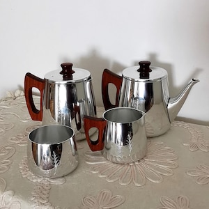 Pristine Sona Coffee Tea Pot Set Vintage 1970's Stainless Steel and Teak