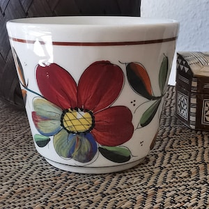 Vintage 70s Plant Pot Indoor Cream Handpainted Floral Planter