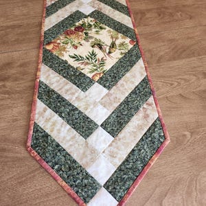 Green and beige floral French Braid Quilted Table Runner