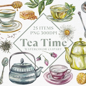 Könnte beinhalten: Aquarell-Clipart-Set mit Teezeit-Elementen, darunter eine Teekanne, Teetassen, Teeblätter, Honig, Zitrone und eine Gänseblümchen. Das Set enthält 25 Elemente im PNG-Format mit 300 DPI.