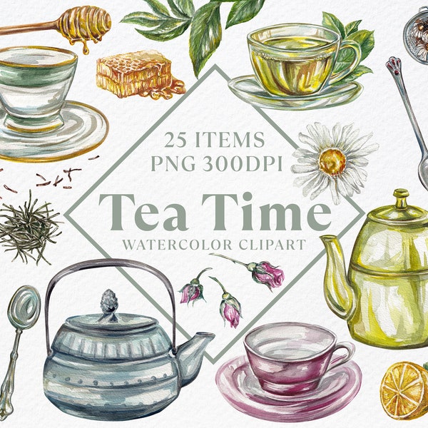 Tea Clipart | Teapots clipart | Instant download | PNG files|Tea Time Vintage | Honey | Kitchen Stuff | Teaspoons | Lemon |Teaspoons set Cup