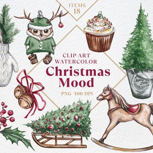 Puede incluir: Conjunto de clipart de Navidad acuarela con 18 elementos. Incluye un adorno de búho verde, un bastón de caramelo rojo y blanco, una manopla blanca, un lazo rojo con cascabeles, un árbol de Navidad verde, un cupcake con chispas rojas y blancas, un caballo de balancín, un árbol de Navidad verde en un cubo y un árbol de Navidad verde en un trineo.